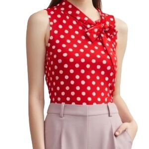 Silent Worth Retro Sleeveless Red Polka Dot Top with Bow Tie Size Small